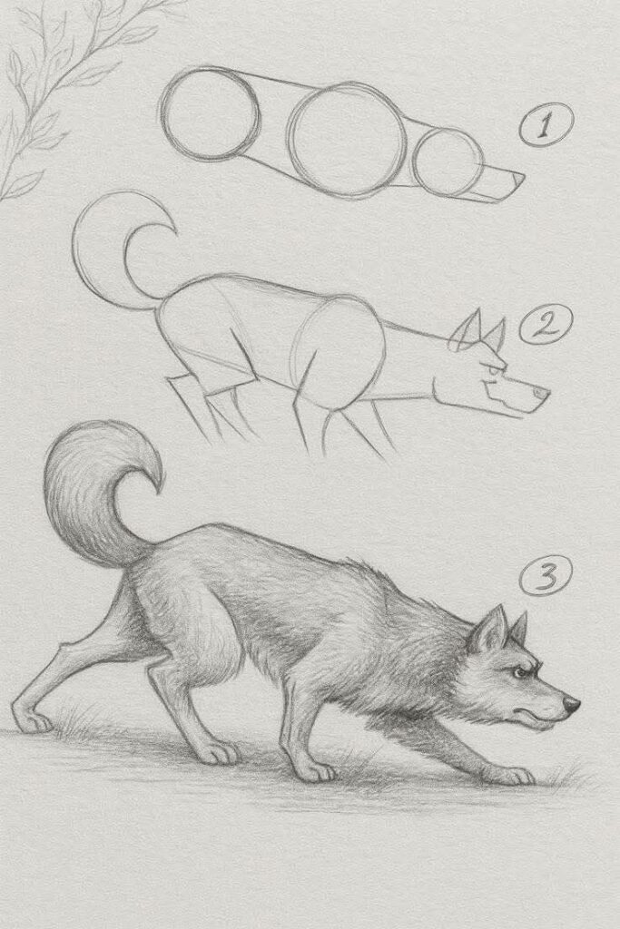 25d104384505124d7da21ef30913c999 Step-by-step pencil sketch of a wolf, from basic shapes to detailed drawing. | Sky Rye Design Step-by-step pencil sketch of a wolf, from basic shapes to detailed drawing.