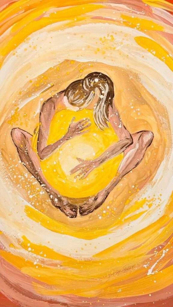 Abstract painting of a person sitting with a glowing yellow orb, surrounded by swirling warm colors.