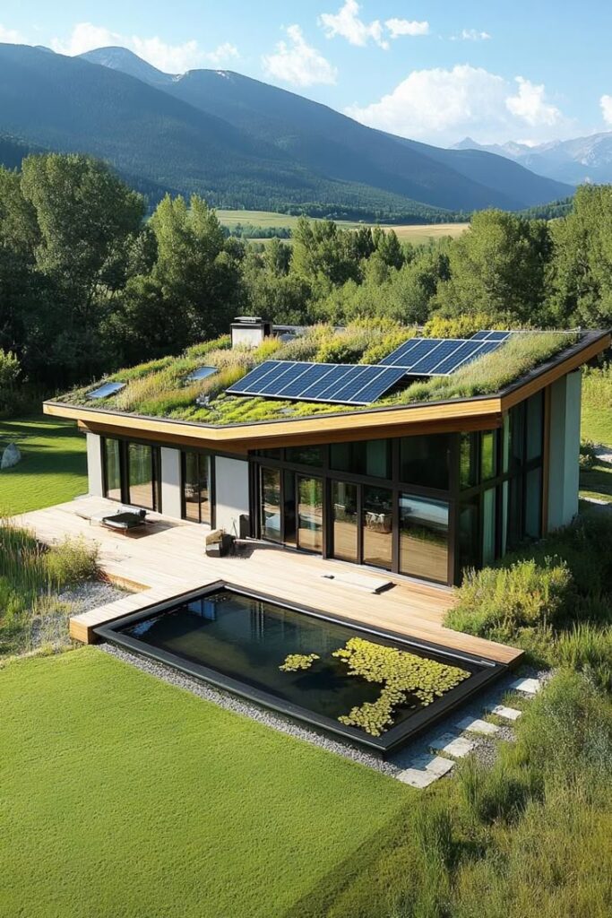 Eco-friendly home with solar panels and green roof in scenic mountain landscape. Sustainable architecture concept.