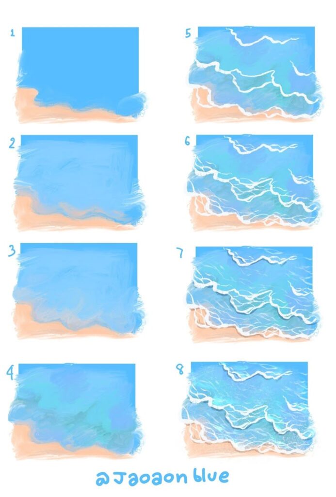 Step-by-step ocean wave drawing tutorial on sandy beach background. Eight stages, from base colors to detailed waves.