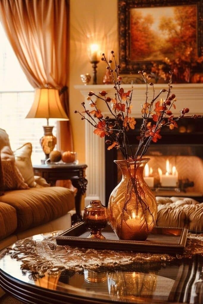 Warm, cozy living room decor with autumn flowers and glowing candles on a glass table, perfect for fall ambiance.