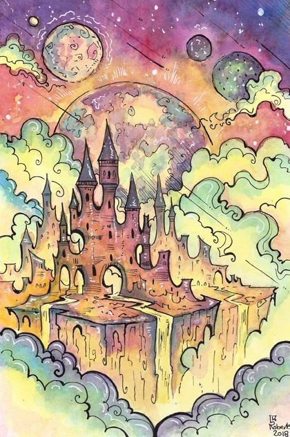 Whimsical floating castle in a colorful fantasy landscape with planets and clouds, creating a dreamy, surreal scene.