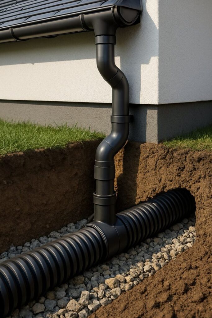Black gutter drainage system with underground pipe beneath a house, surrounded by soil and gravel.