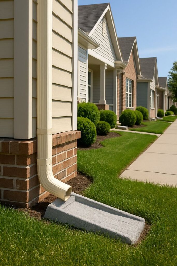 Downspout drainage system on suburban home, preventing water damage and maintaining neat landscaping.