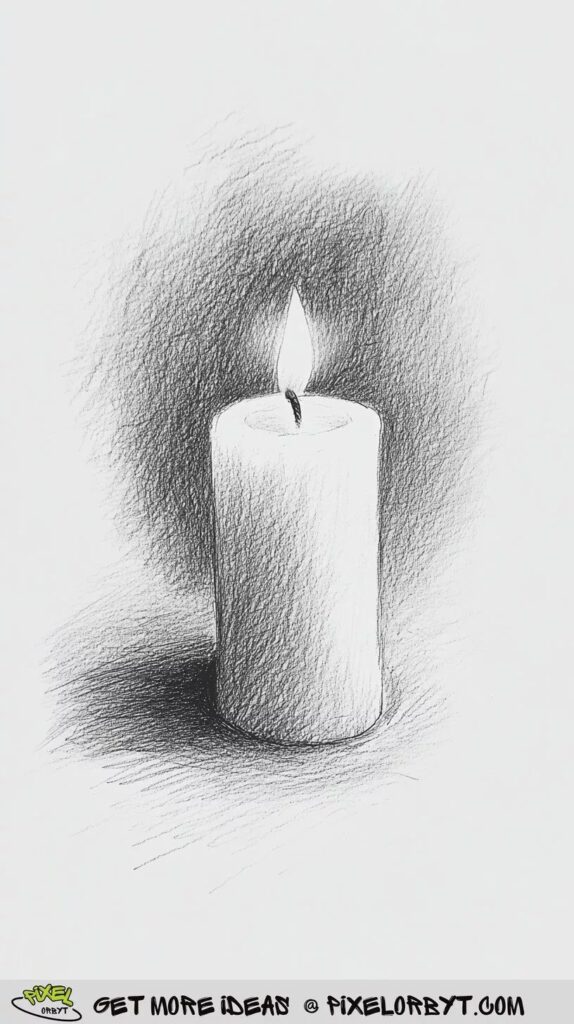 A pencil sketch of a lit candle casting a soft shadow, showcasing artistic shading techniques.