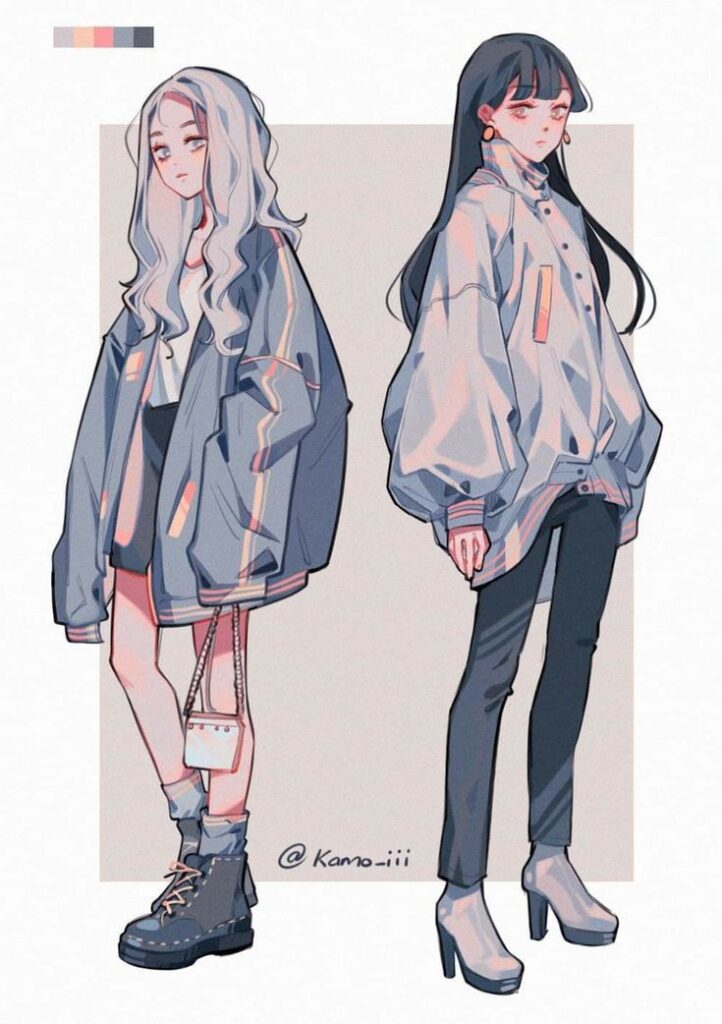 277238bc-1b61-4d75-8c70-fe62e28d77ba Illustration of two stylish characters in oversized jackets, each with unique fashion accessories and colorful hair. | Sky Rye Design Illustration of two stylish characters in oversized jackets, each with unique fashion accessories and colorful hair.