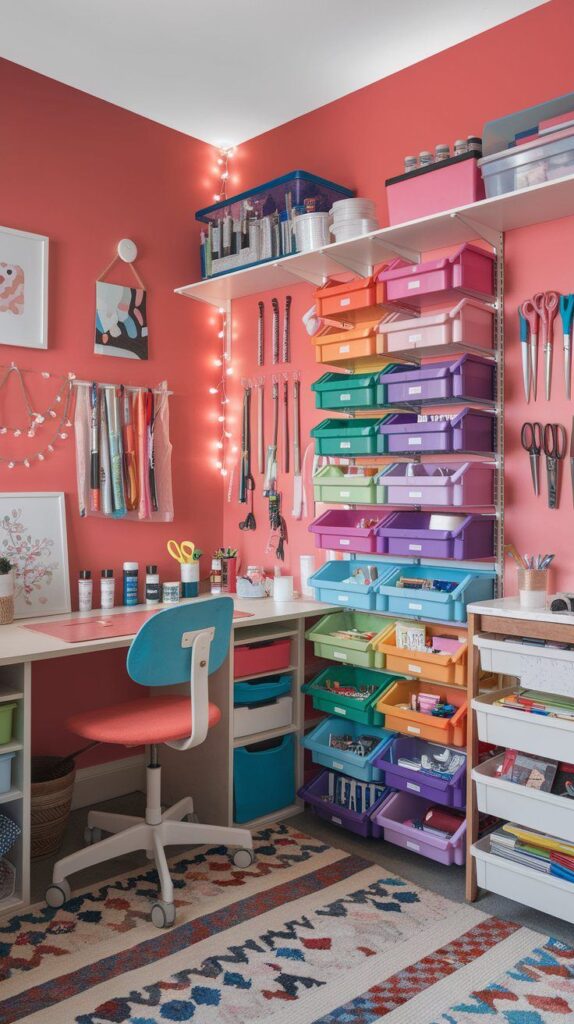 Colorful and organized craft room with storage bins, desk, and wall-mounted tools on a coral backdrop.