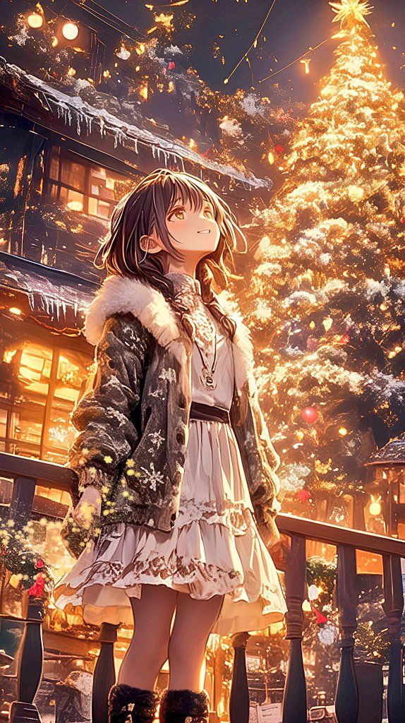 Anime girl in winter coat marvels at a glowing Christmas tree in a festive, snowy setting.