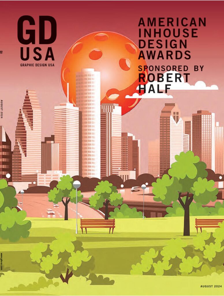 Modern cityscape illustration with park, orange sphere, and text about American Inhouse Design Awards, August 2024.