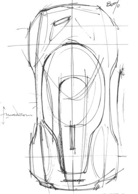 Pencil sketch of a sleek sports car design, viewed from above, highlighting aerodynamic contours and layout.