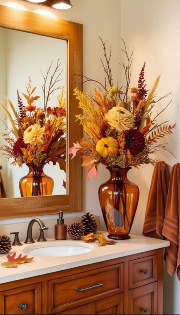 Elegant autumn floral arrangement in amber vase, reflected in mirror above bathroom sink with wooden accents.