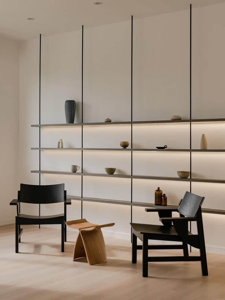 Minimalist room with black chairs, wooden stool, and elegant shelving decorated with vases and bowls.