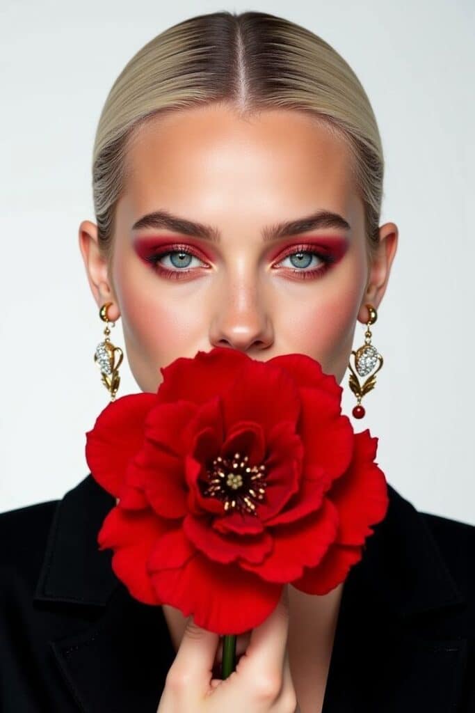 Woman with bold red makeup holding a vibrant red flower, wearing elegant earrings, and a sleek hairstyle.