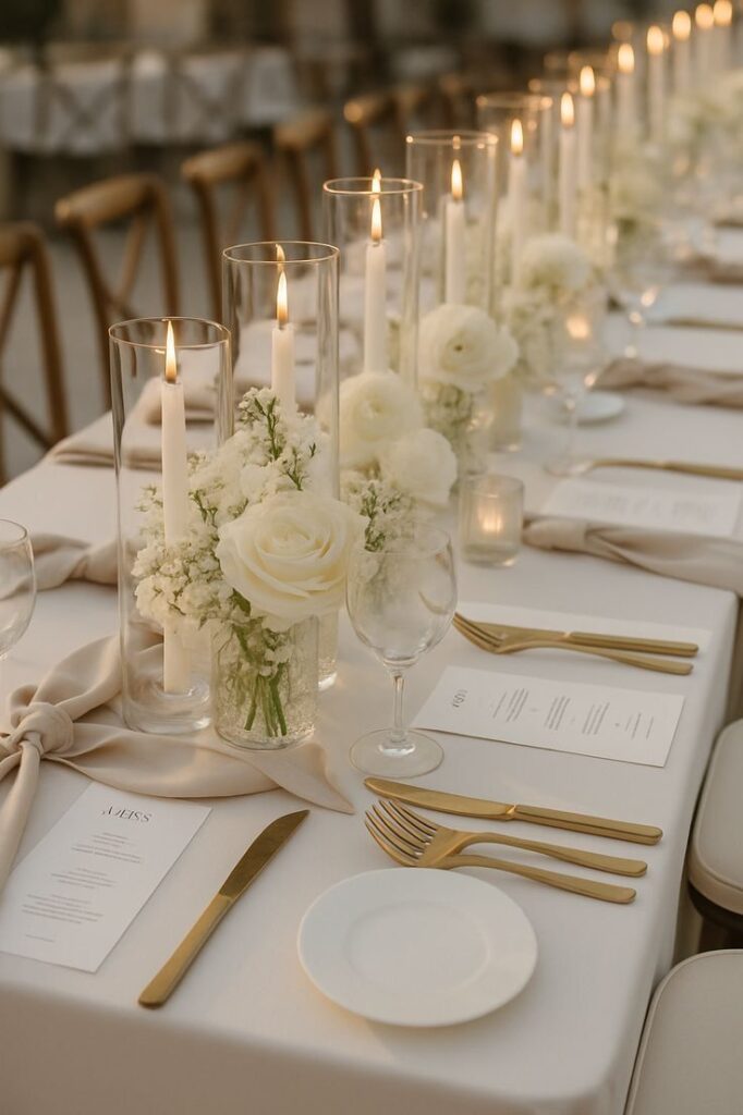 Elegant wedding table setting with white roses, candles, and gold cutlery on a neatly arranged white tablecloth.