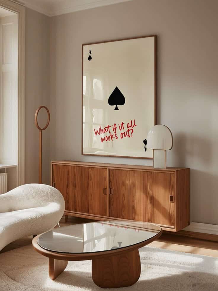 Modern living room with ace of spades artwork, wooden cabinet, round coffee table, and cozy chair.