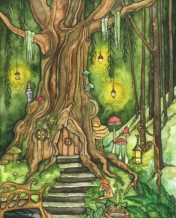 Whimsical treehouse in a magical forest with glowing lanterns, mushrooms, and winding staircase to wooden door.