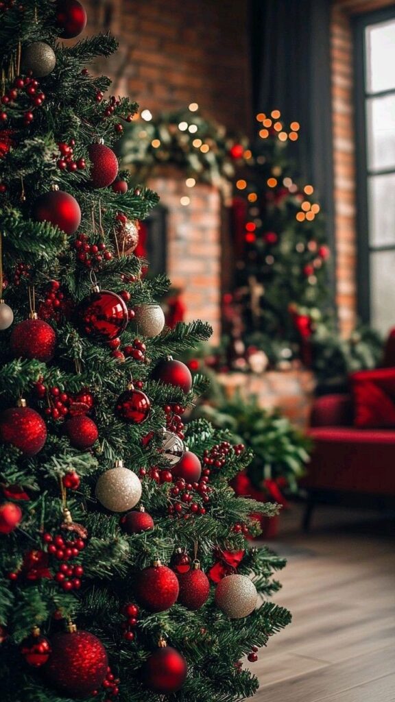 Festive Christmas tree with red and gold ornaments in a cozy living room setting with brick walls and holiday decor.