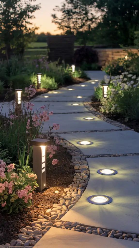 Illuminated garden path with modern lights, surrounded by flowers and greenery at dusk.