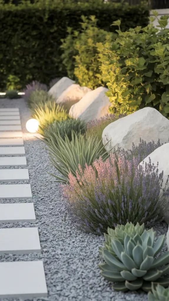 Modern garden pathway with decorative gravel, lush greenery, round rocks, and soft outdoor lighting at dusk.