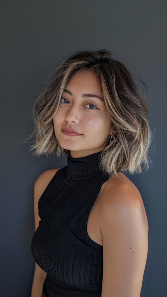 Woman with short wavy hair and a black top against a dark background, looking confidently at the camera.