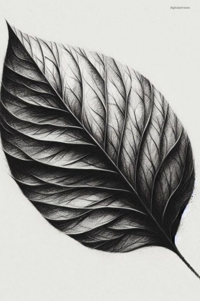 Detailed leaf illustration with intricate vein patterns on a white background. Ideal for nature and art themes.