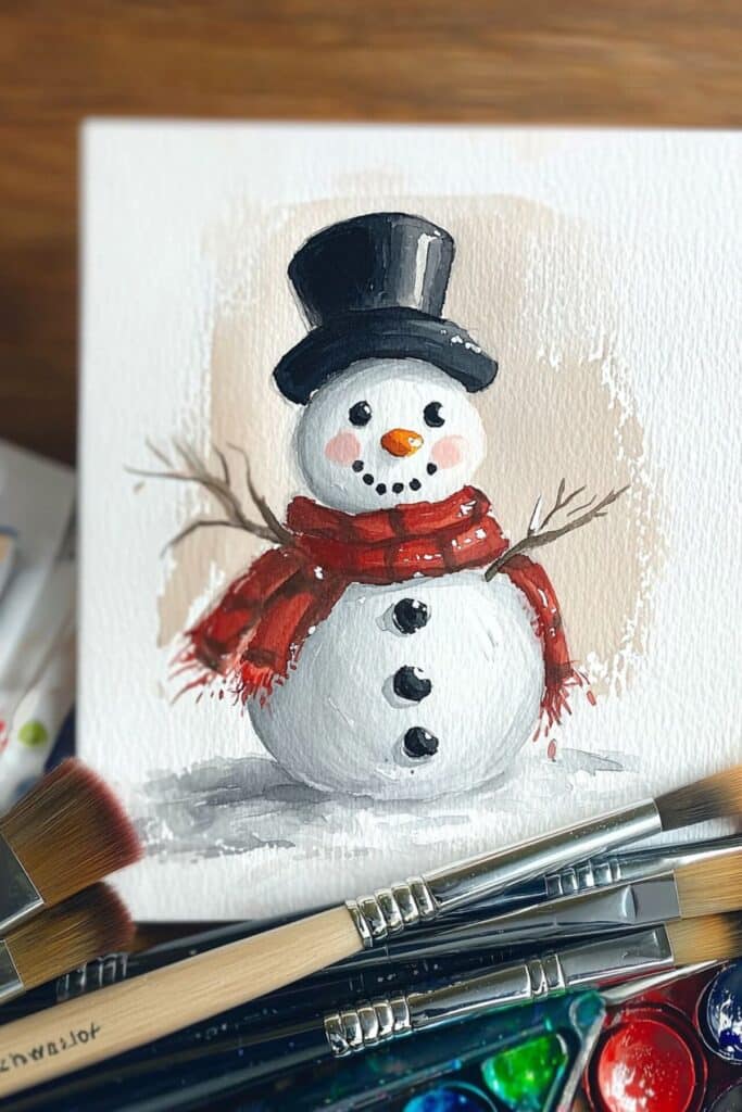 Painting of a snowman with top hat and red scarf, surrounded by paintbrushes and watercolors.