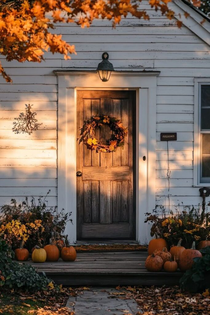 Autumn-themed porch with pumpkins and a wreath on a rustic wooden door. Warm fall sunlight casting shadows.