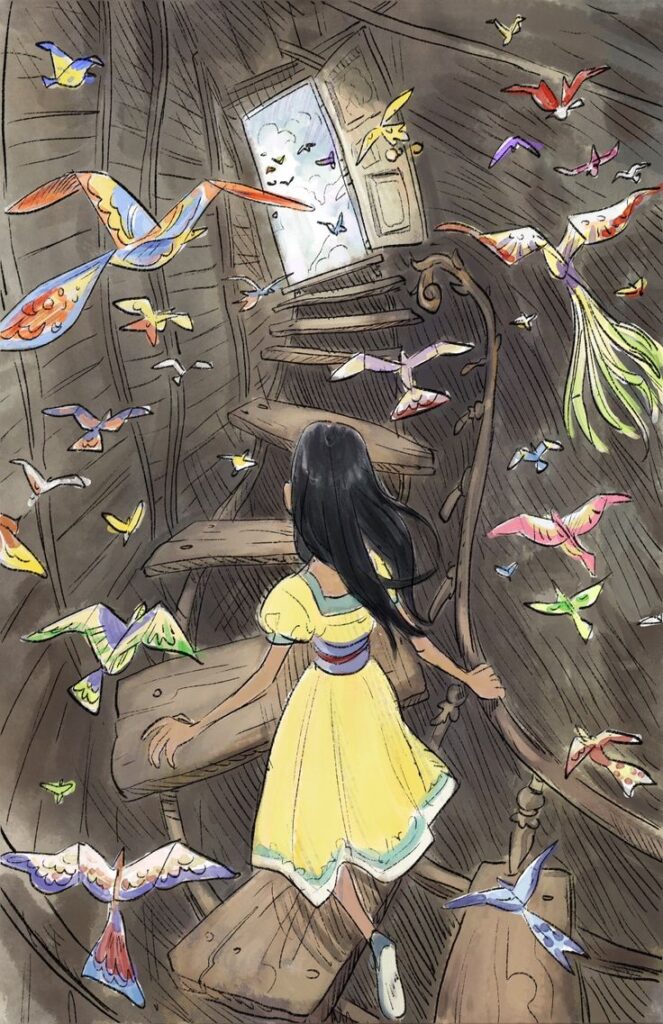 Girl in yellow dress ascends spiral staircase with colorful birds in whimsical, dreamlike scene.