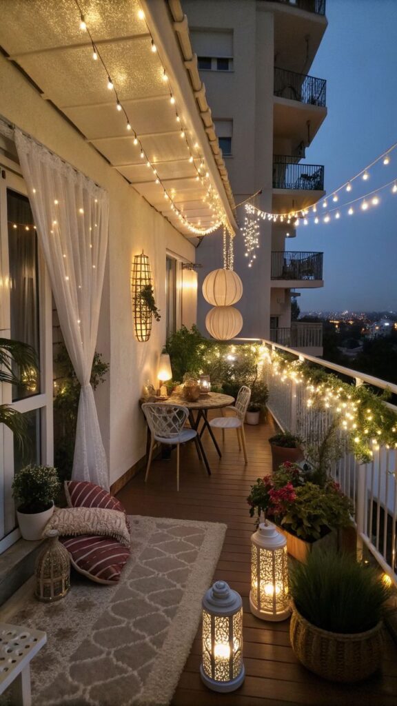 Cozy balcony with string lights, lanterns, and plants, creating a warm ambiance for evening relaxation.
