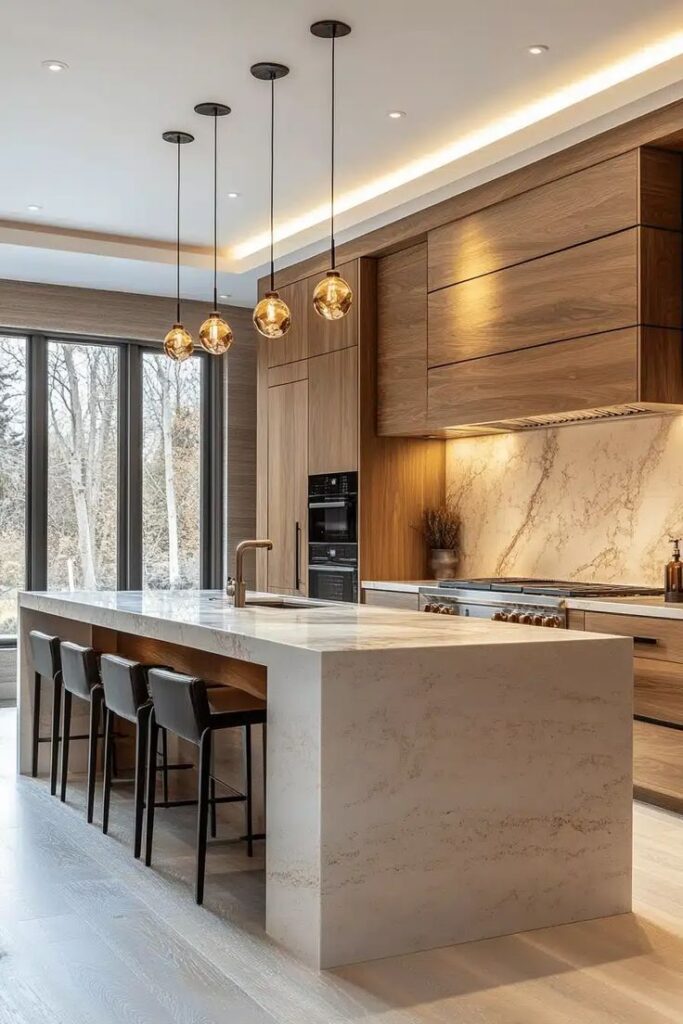 29 White Oak Cabinet Styles from Classic to Contemporary Modern kitchen with marble island, wood cabinetry, elegant lighting, and large windows for natural light. | Sky Rye Design Modern kitchen with marble island, wood cabinetry, elegant lighting, and large windows for natural light.
