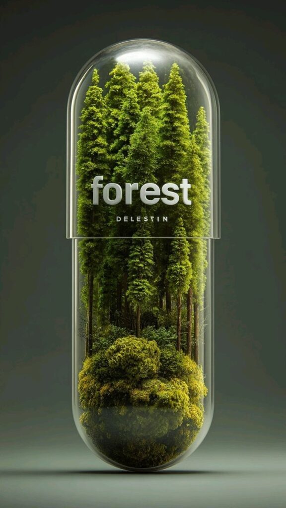 Glass capsule containing a miniature forest, showcasing lush greenery and trees, illustrating nature conservation.