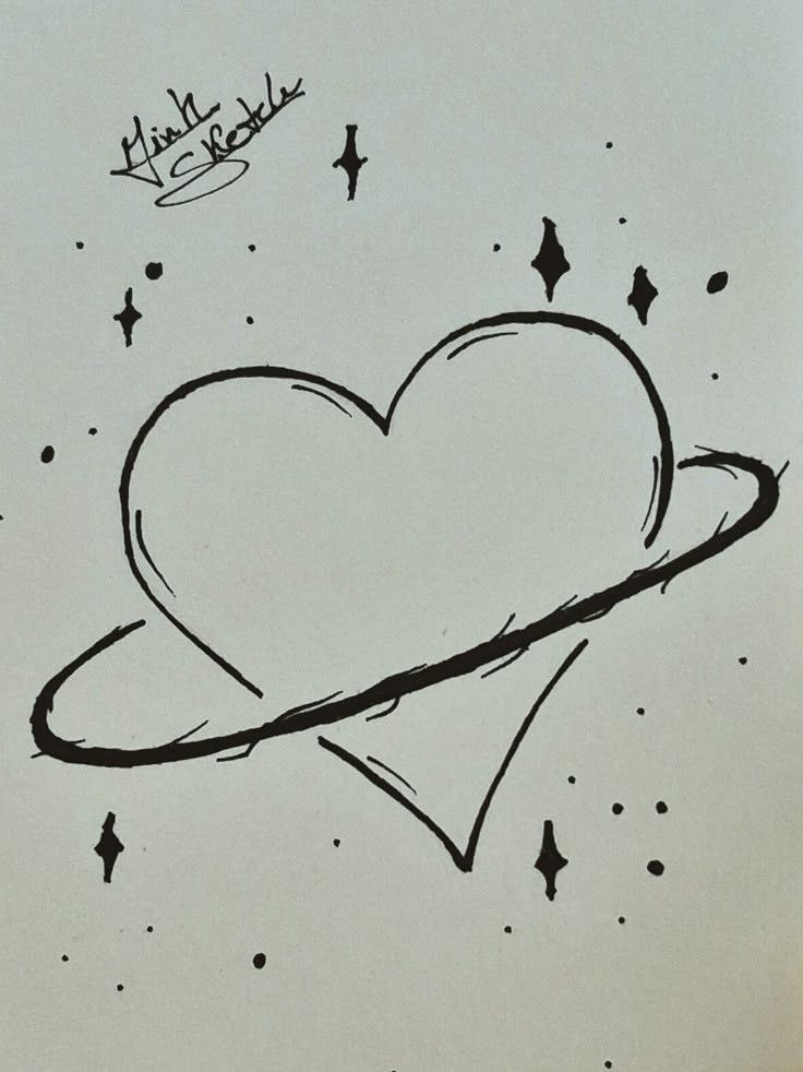 Heart with Saturn ring and stars, black ink sketch on white background. Cosmic art illustration.