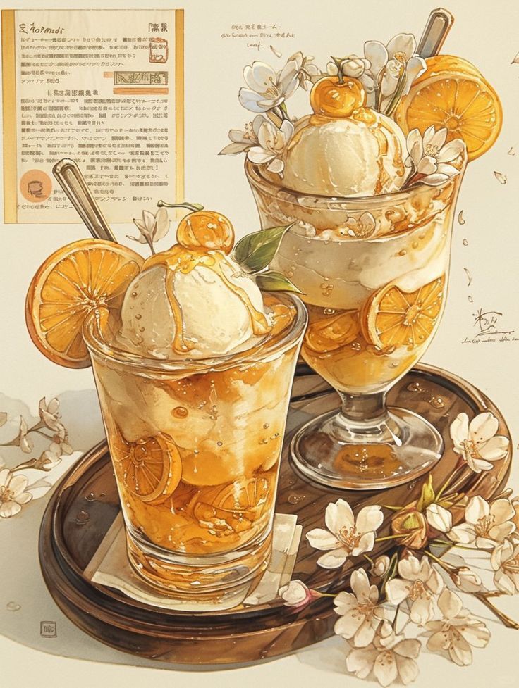 Orange ice cream parfaits with citrus slices and blossoms on a tray, styled with delicate floral accents.
