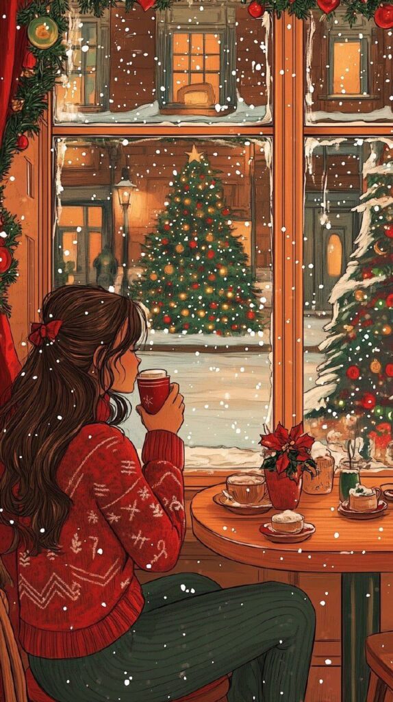 Woman enjoying a cozy winter view, sipping coffee by a decorated Christmas tree, snow falling outside.