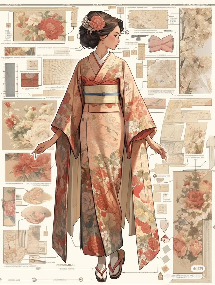 Illustration of a woman in a floral kimono, standing gracefully with a detailed design background.