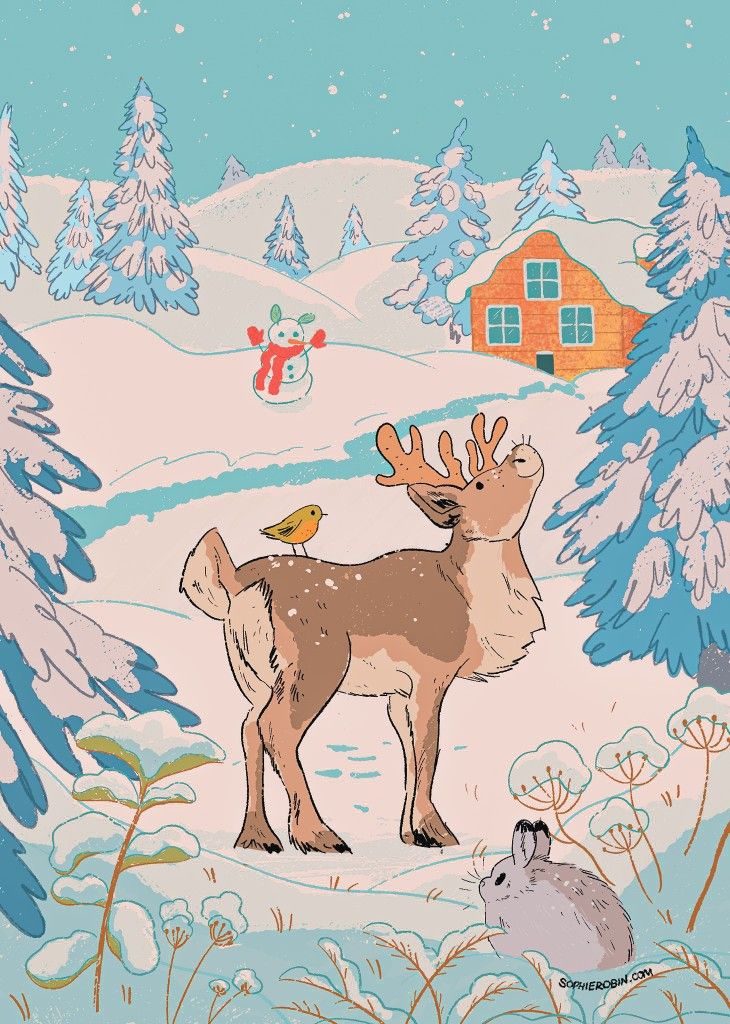 A joyful winter scene with a deer, bird, snowman, and cabin surrounded by snowy trees.