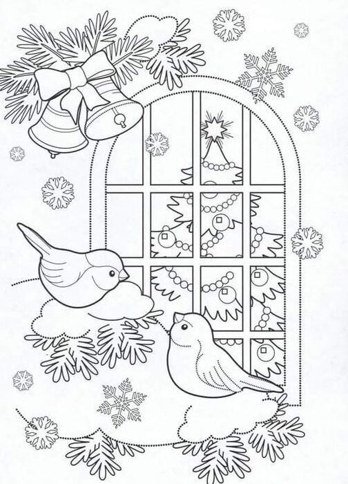 2ad15766-07f9-4084-91f3-cccb97ffbcd3 Christmas birds and bells coloring page with snowflakes, pine branches, and a window view of a decorated tree. | Sky Rye Design Christmas birds and bells coloring page with snowflakes, pine branches, and a window view of a decorated tree.