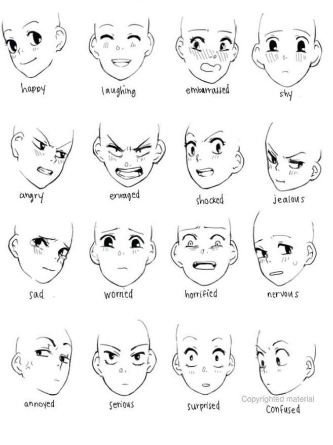 Anime facial expressions chart: happy, angry, shocked, worried, confused. Sketches illustrate diverse emotions.