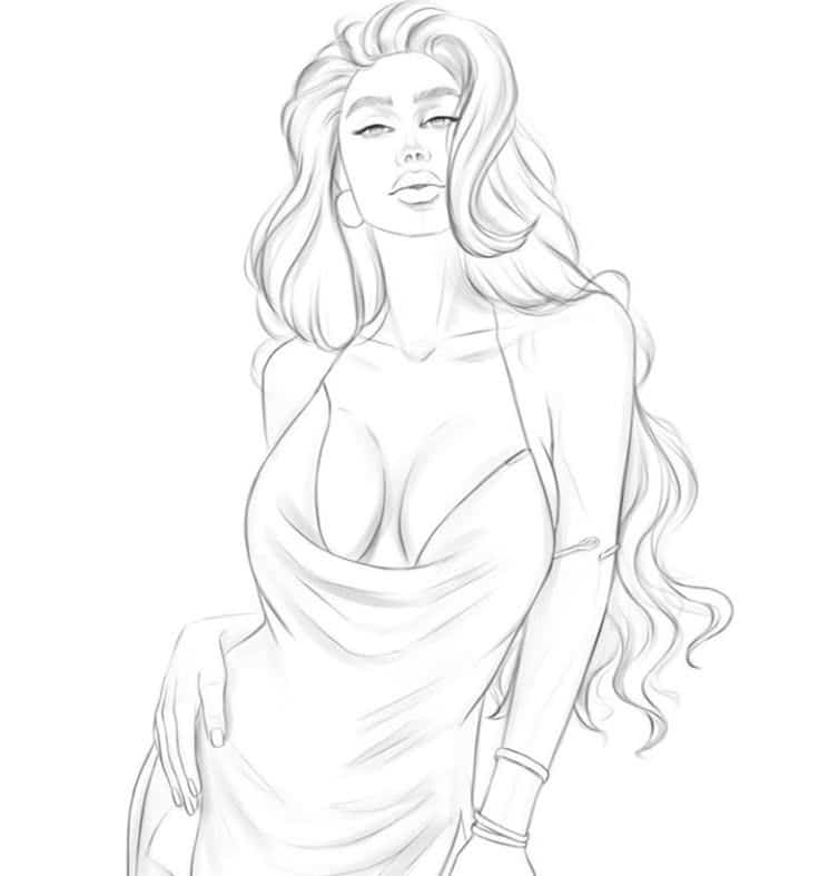 Elegant sketch of a woman in a flowing dress, featuring long hair and confident pose.