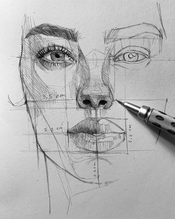2bbc345b-04ea-47a7-826d-ffab1b5d9943 Pencil sketch of a woman's face with geometric measurements and a pencil drawing on a textured paper background. | Sky Rye Design Pencil sketch of a woman's face with geometric measurements and a pencil drawing on a textured paper background.