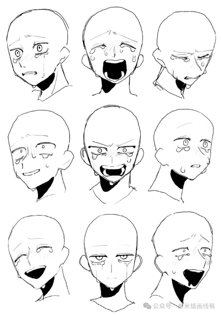 Anime character expressions showcase various emotional states, such as crying, smiling, and distress, in black and white sketches.