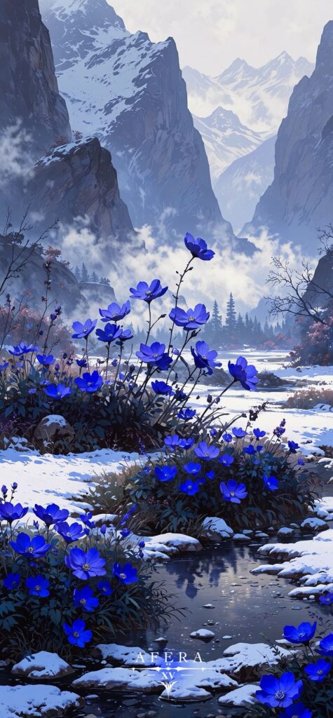 Vibrant blue flowers in a snowy mountain landscape, with majestic peaks and a serene river in the background.