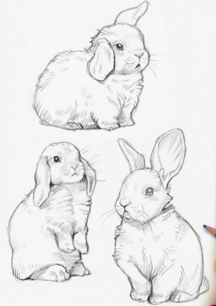 Three sketched rabbits in different poses, one with floppy ears, capturing cute and fluffy characteristics.