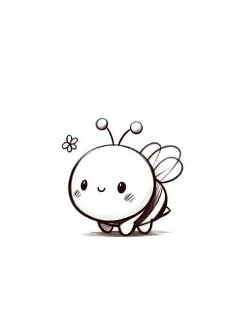 Cute cartoon bee sketch smiling with small flower nearby, black and white illustration.