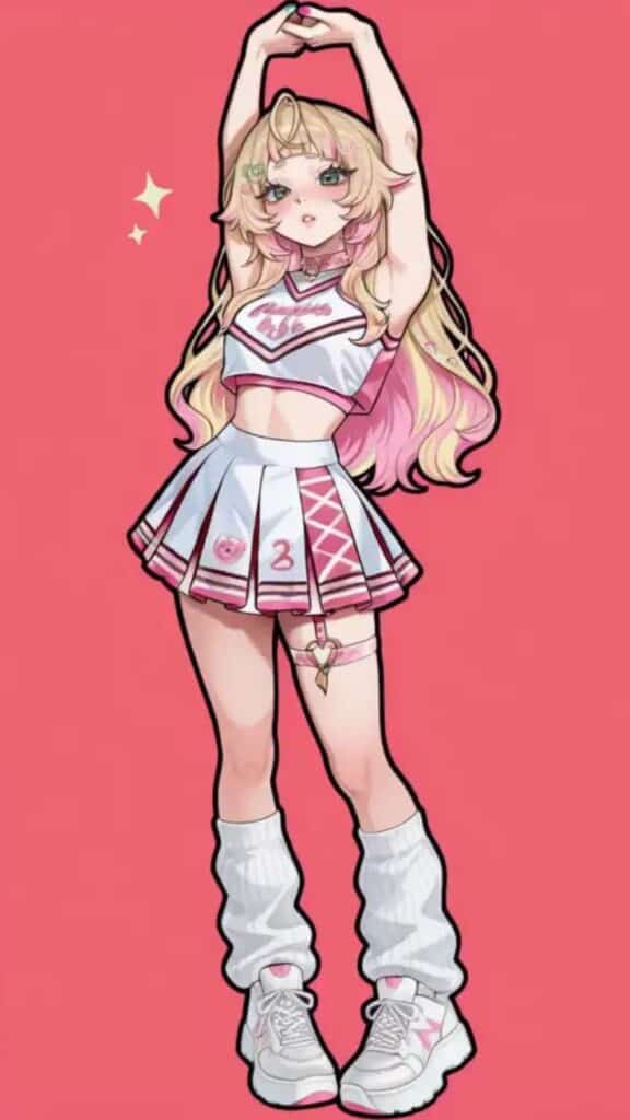 Anime girl in a cheerleader outfit stretching with pink background, showcasing sporty and cute fashion style.