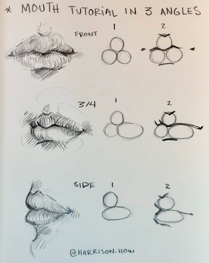 2efd6bb4-991d-4172-bb2d-92466e144f09 Mouth drawing tutorial showing steps for front, 3/4, and side angles. Simple shapes guide realistic sketches. | Sky Rye Design Mouth drawing tutorial showing steps for front, 3/4, and side angles. Simple shapes guide realistic sketches.