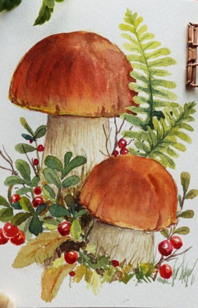 Watercolor painting of two mushrooms surrounded by green leaves and red berries.
