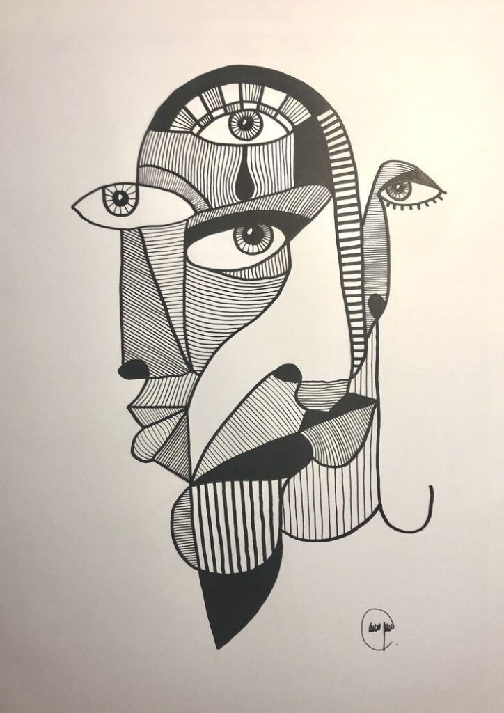 Abstract line art illustration with multiple eyes and faces, featuring intricate black and white geometric patterns.