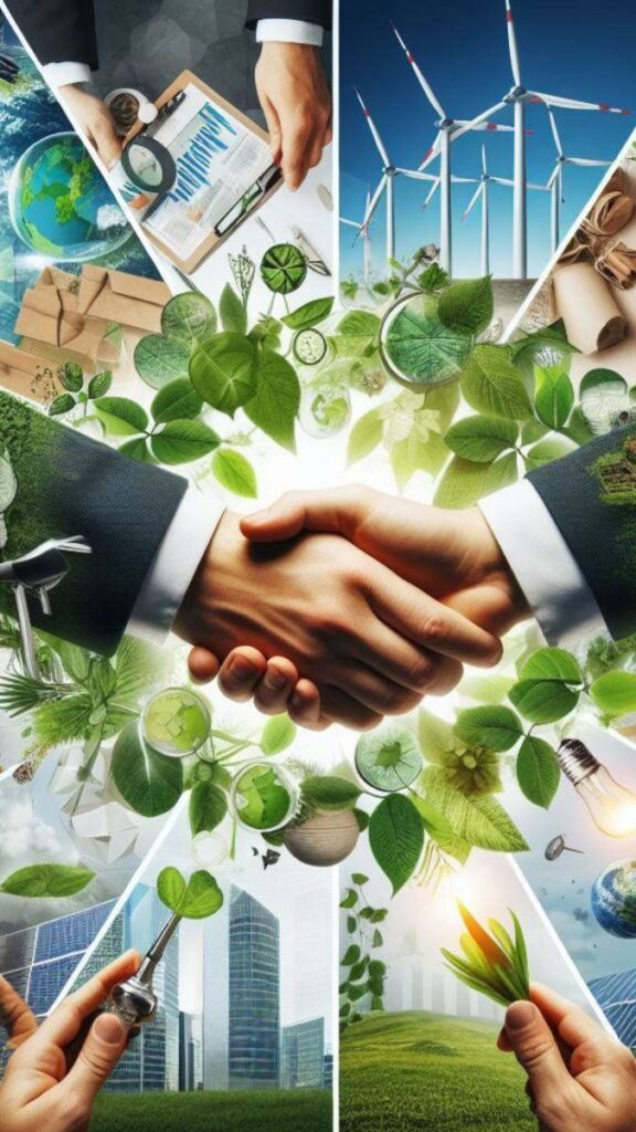 Eco-friendly business handshake with renewable energy, sustainable growth, and environmental innovation symbols.