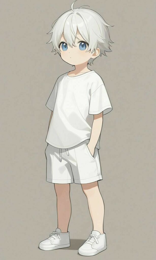 Anime character with white hair, blue eyes, wearing white t-shirt and shorts, standing with hands in pockets.